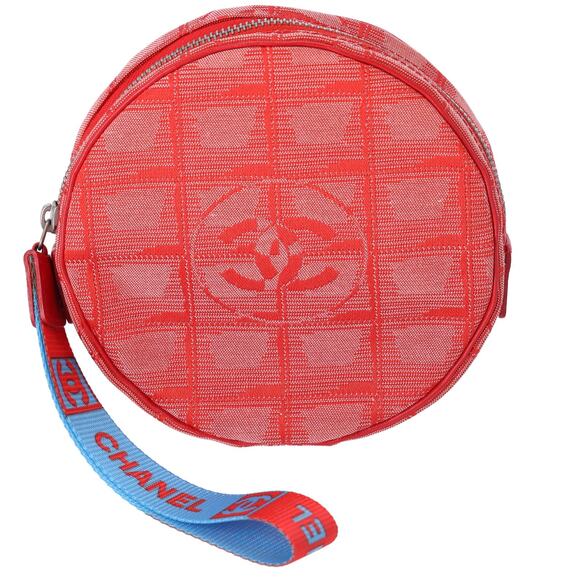 CHANEL New Travel Line Pouch Red Light Blue Nylon Jacquard Leather - Picture 1 of 7